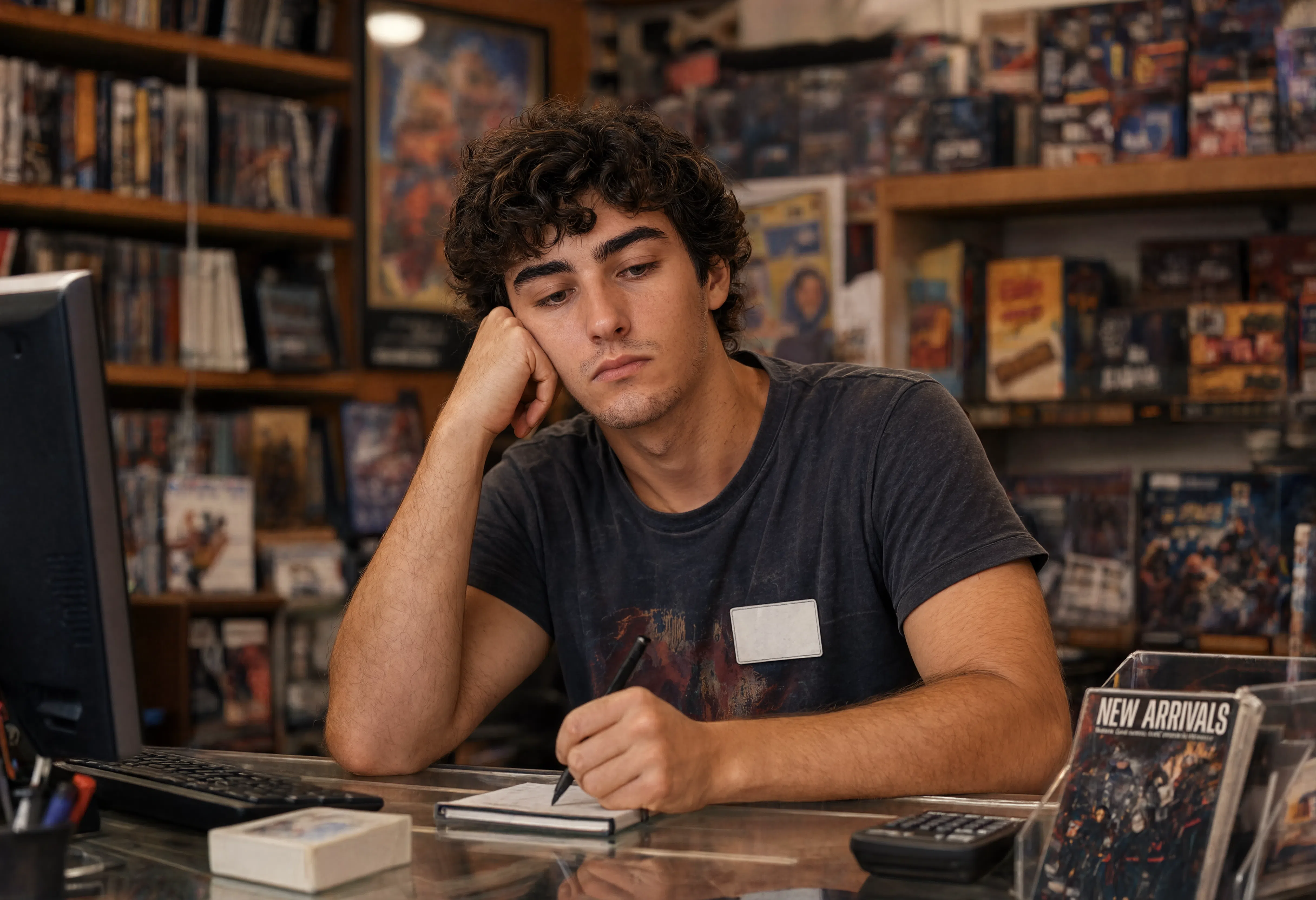 Derek half-asleep at counter