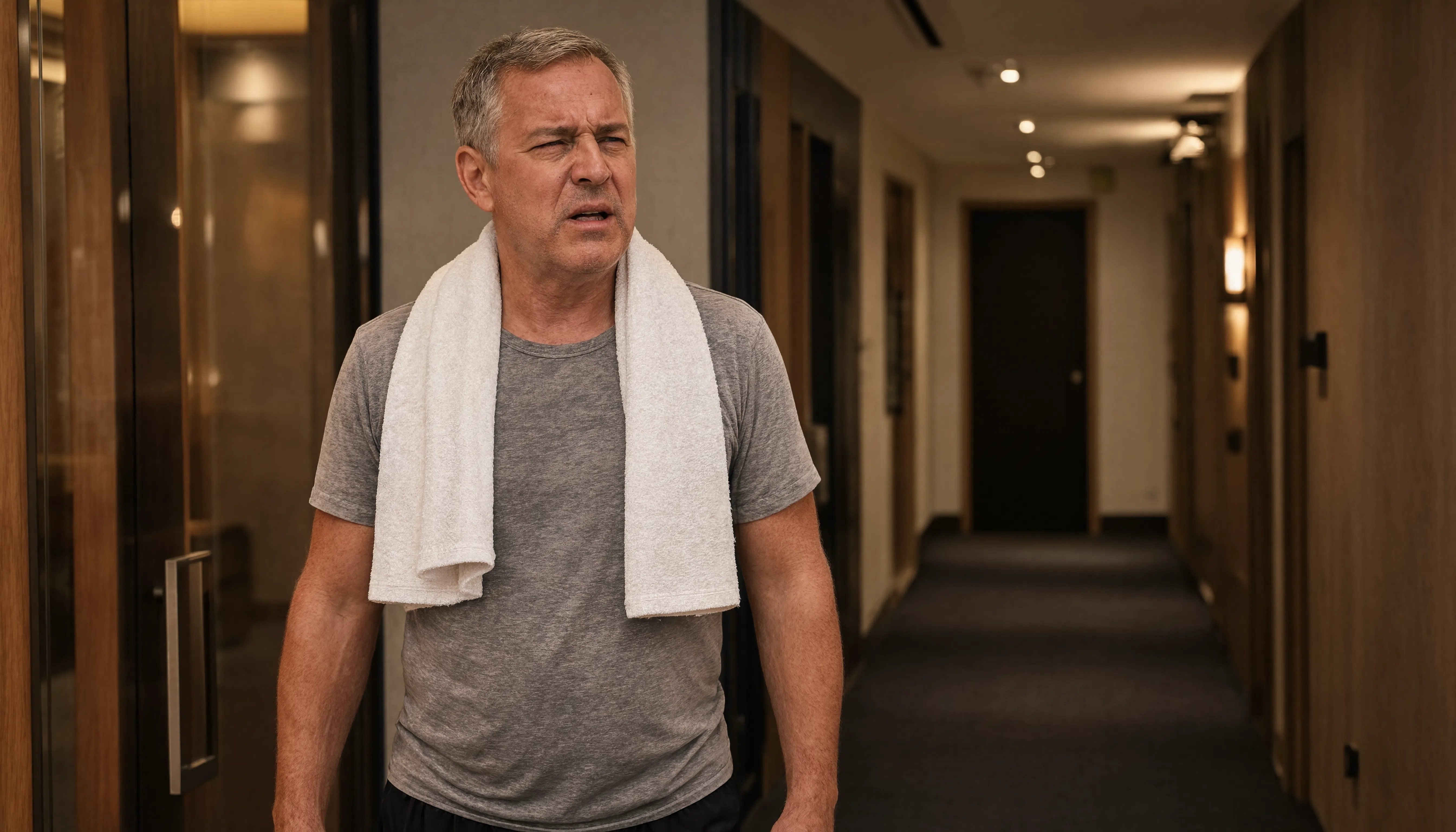 Glen exiting sauna area offended